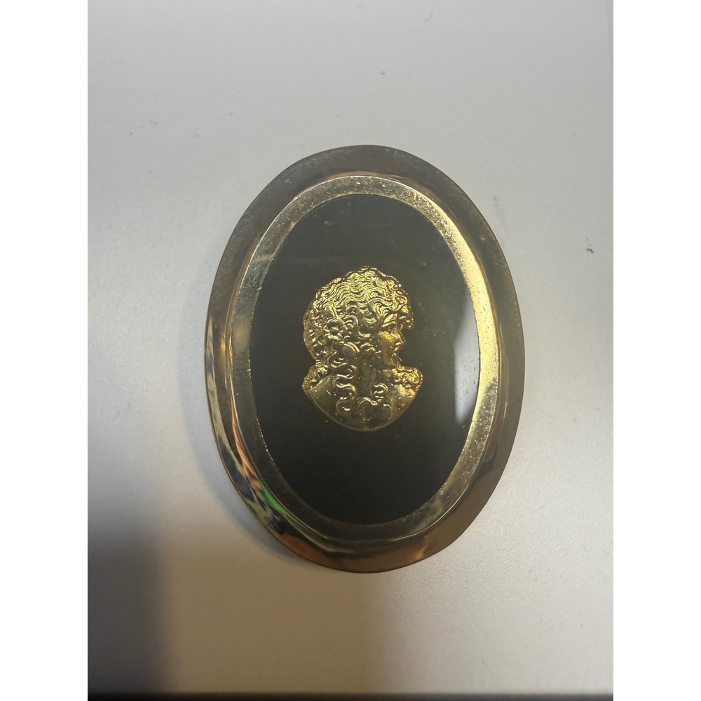 Vintage Gold Tone Cameo Scarf Clip Black Oval Portrait Pendant Accessory